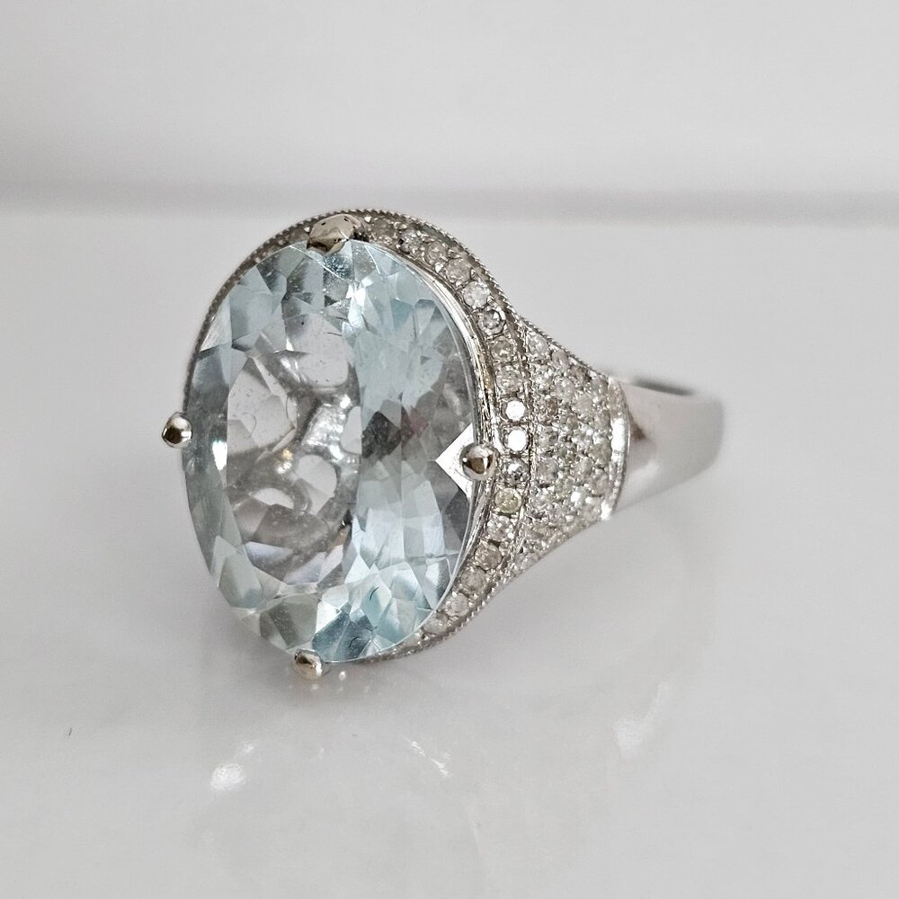14K White Gold Natural Aquamarine and Diamond  Cocktail Ring, size 8